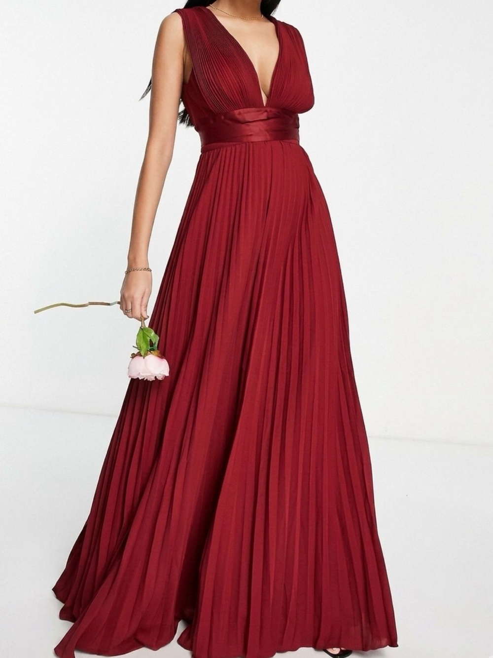 ASOS DESIGN Burgundy Pleated Maxi Dress Bridesmaid Wedding Guest Formal Size 12